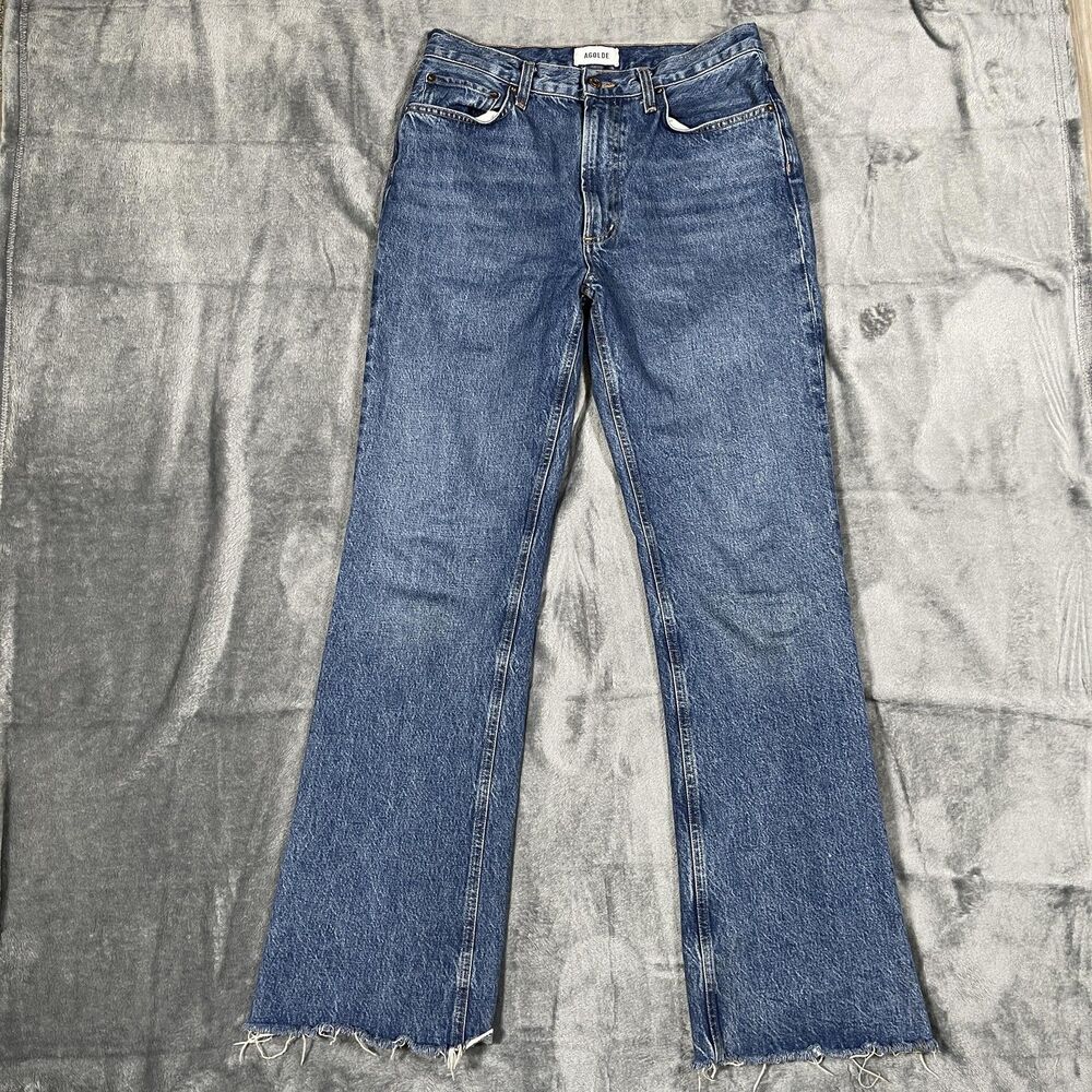 AGOLDE Leena Flared Jeans Womens 29 Blue Medium Wash High Rise Fringe Raw Hem